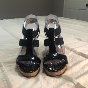 Adrienne Black and Clear Wedge Sandals